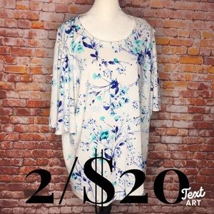 Worthington Turquoise Floral Scoop Neck Bell Sleeve Blouse